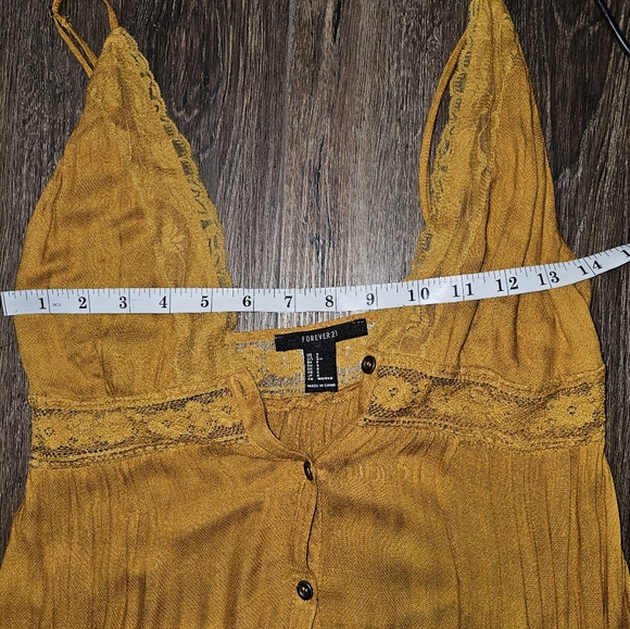 Forever 21 Mix Media Mustard Maxi Dress Sz S Lace Cottagecore Milkmaid Boho - Picture 9 of 14